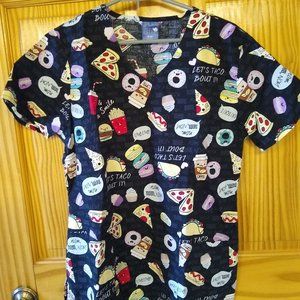 Zoe + Chloe Scrub Top Medium-Black With Tacos, Pizza, Snacks